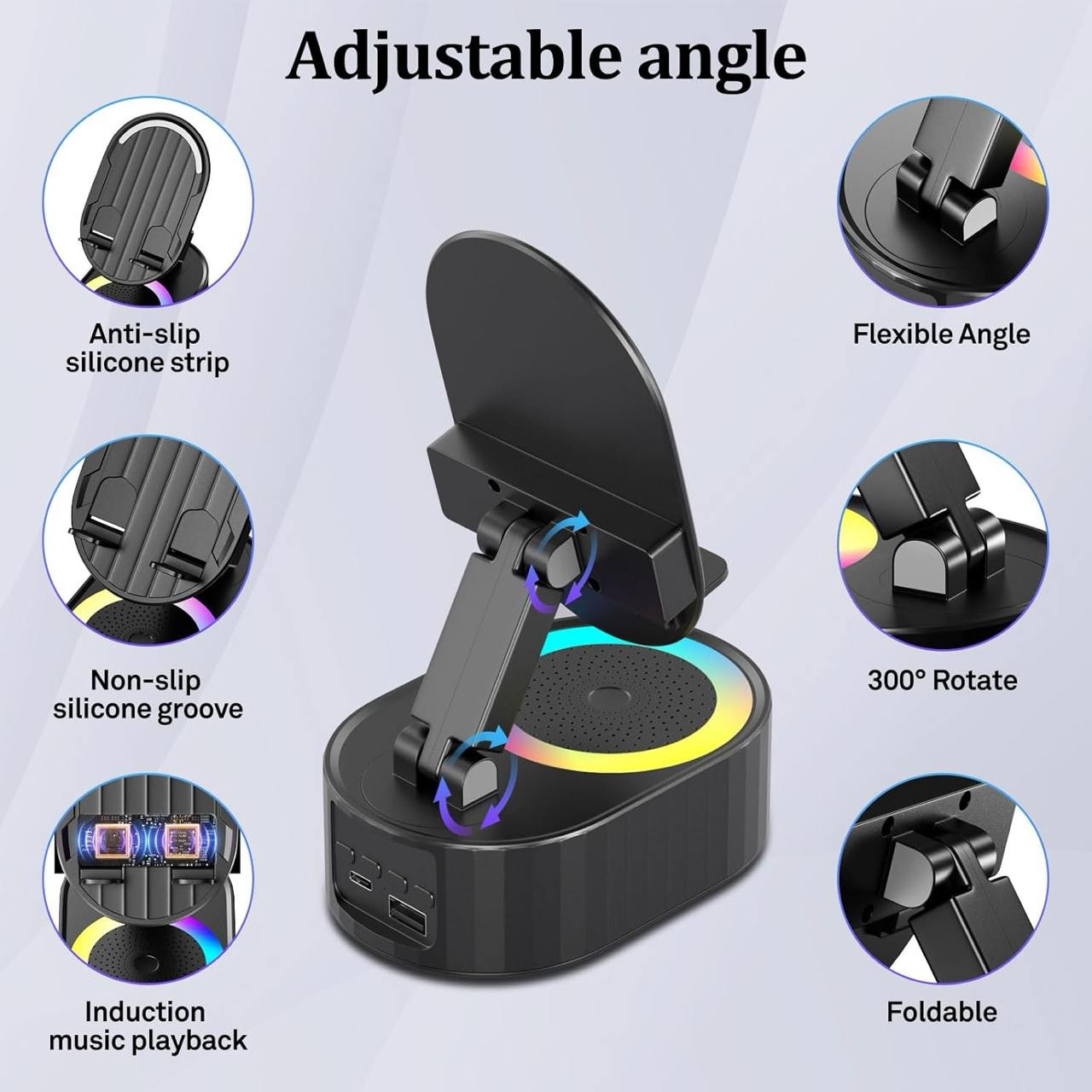 5-in-1 Wireless Induction Speaker Phone Stand | Dynamic Folding Bluetooth Speaker with Colorful Ambient Light