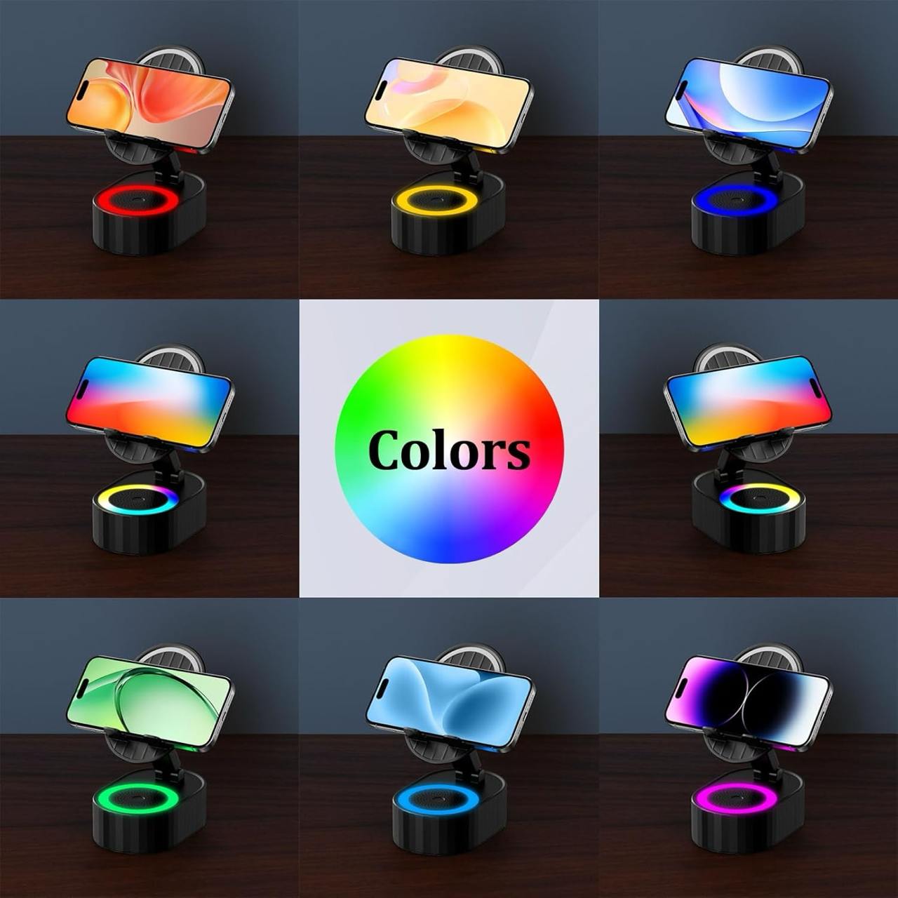 5-in-1 Wireless Induction Speaker Phone Stand | Dynamic Folding Bluetooth Speaker with Colorful Ambient Light