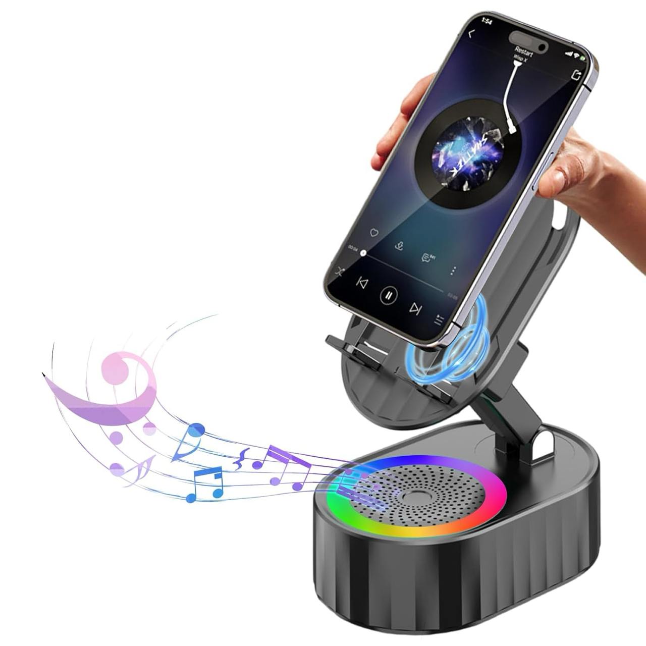 5-in-1 Wireless Induction Speaker Phone Stand | Dynamic Folding Bluetooth Speaker with Colorful Ambient Light