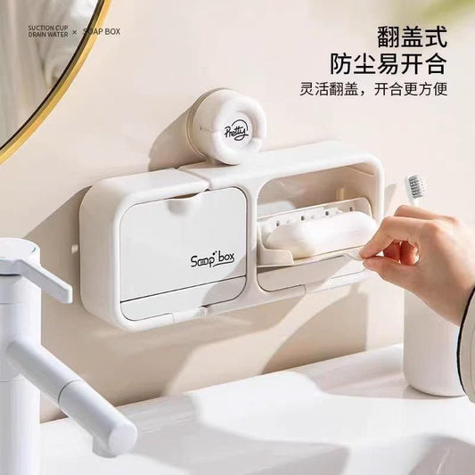 Stylish Wall-Mounted Double Soap Box with Drain & Dustproof Lids
