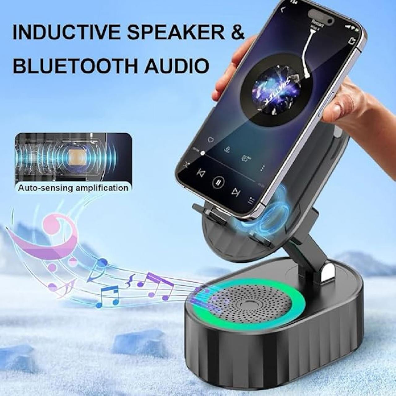 5-in-1 Wireless Induction Speaker Phone Stand | Dynamic Folding Bluetooth Speaker with Colorful Ambient Light