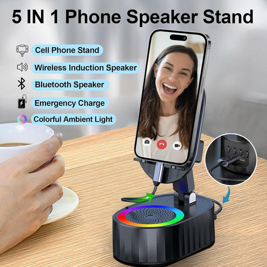 5-in-1 Wireless Induction Speaker Phone Stand | Dynamic Folding Bluetooth Speaker with Colorful Ambient Light