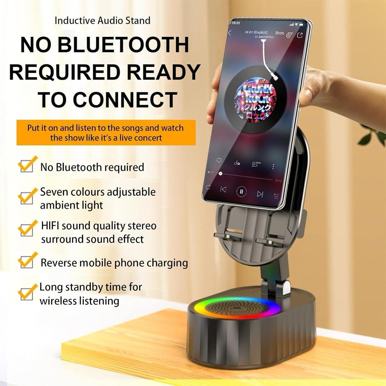 5-in-1 Wireless Induction Speaker Phone Stand | Dynamic Folding Bluetooth Speaker with Colorful Ambient Light