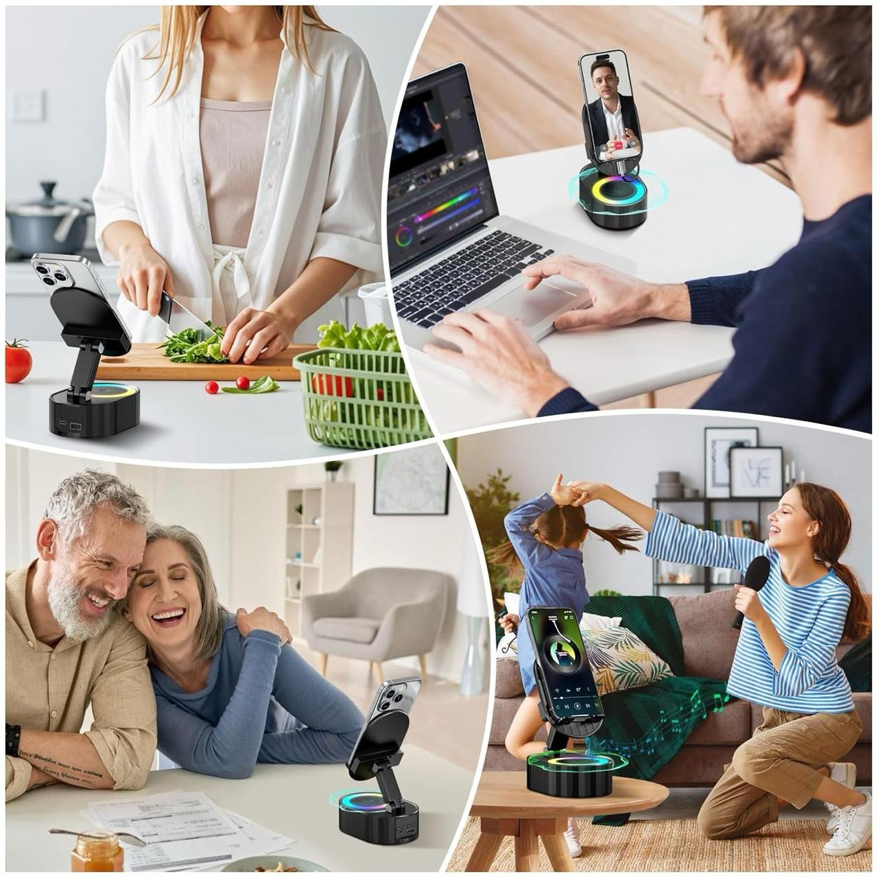 5-in-1 Wireless Induction Speaker Phone Stand | Dynamic Folding Bluetooth Speaker with Colorful Ambient Light