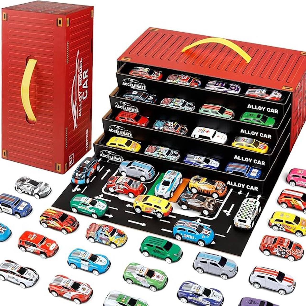 48 Piece Pull Back Car Set | Alloy Metal Toy Cars with Container Storage