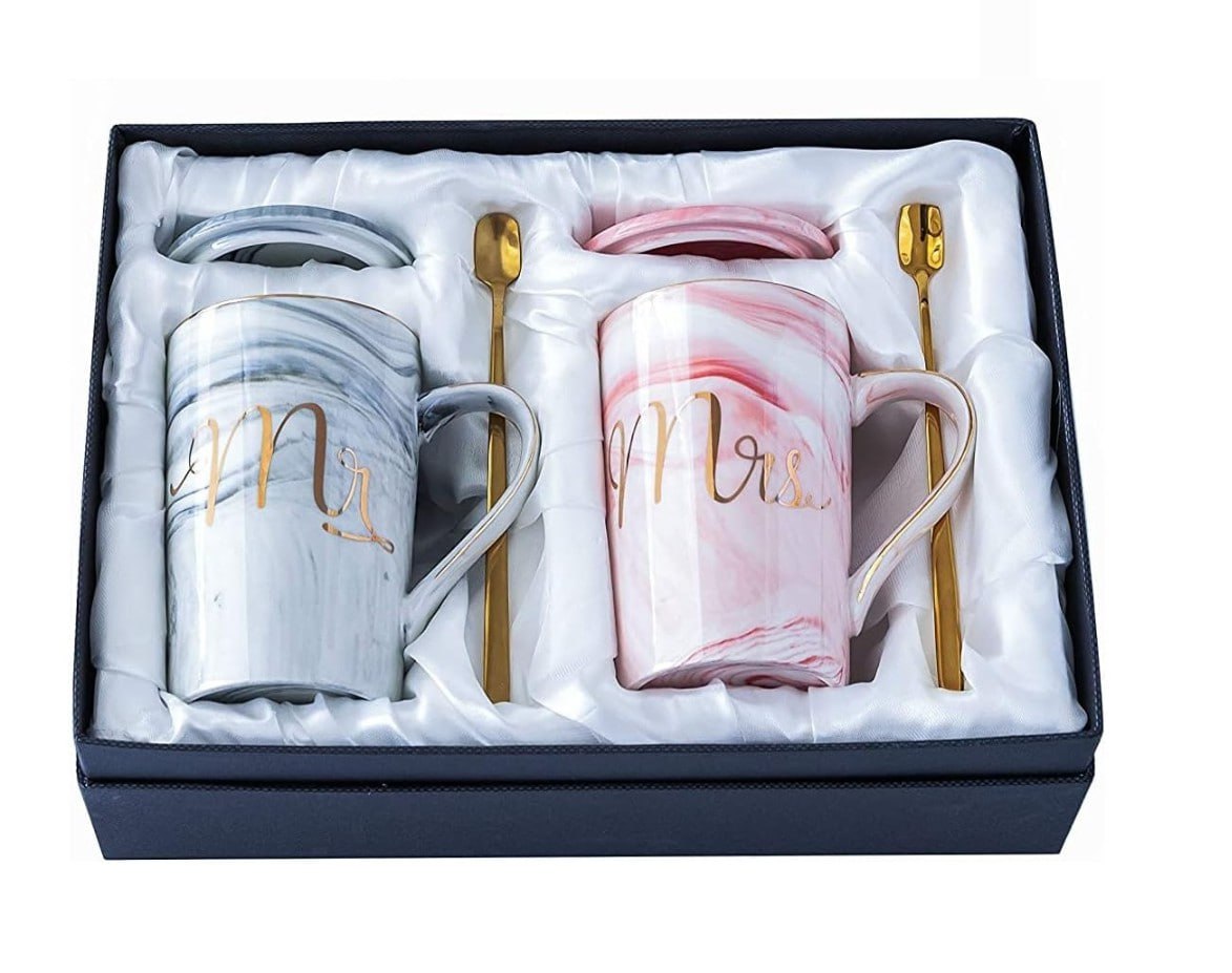 Mr. & Mrs. Marble Ceramic Coffee Mug Set | Premium Couple Gift Box